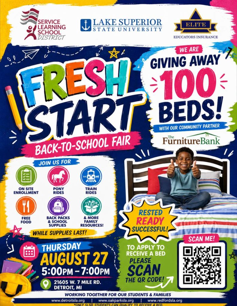 Fresh Start Back-to-School Fair flyer — Thursday, August 27, 5:00–7:00 p.m., 21605 W. 7 Mile Rd., Detroit. On-site enrollment, free food, backpacks and school supplies, pony and train rides, and a giveaway of 100 beds with community partner The Furniture Bank.
