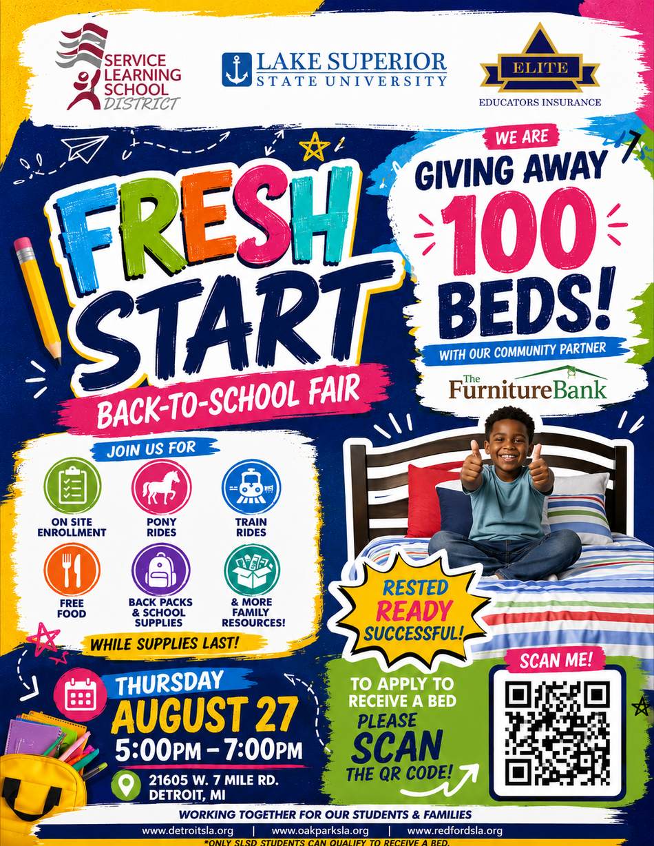 Fresh Start Back-to-School Fair flyer — Thursday, August 27, 5:00–7:00 p.m., 21605 W. 7 Mile Rd., Detroit. On-site enrollment, free food, backpacks and school supplies, pony and train rides, and a giveaway of 100 beds with community partner The Furniture Bank.
